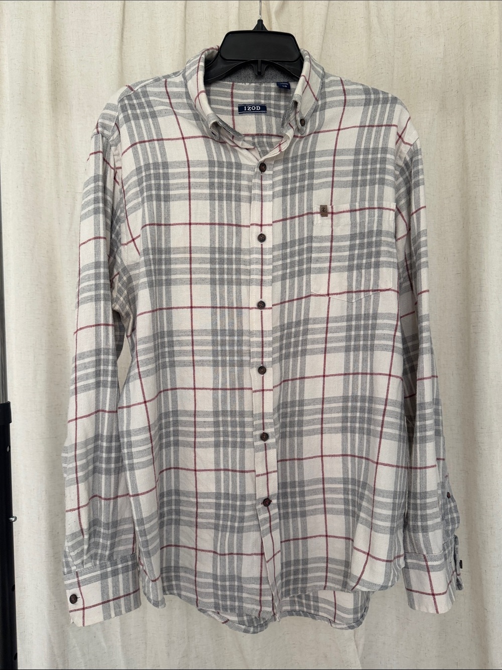 Izod Men's White Plaid Button-Down Shirt with Gray and Red Lines